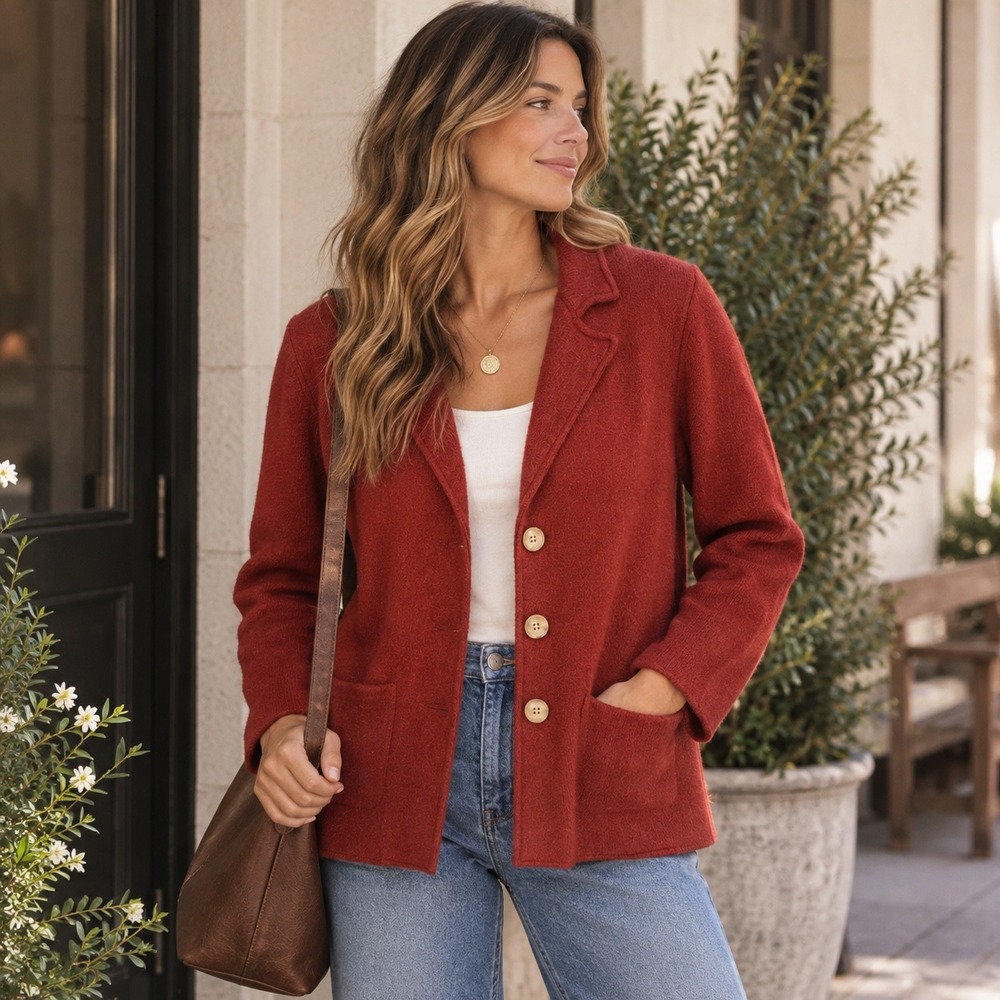 Eileen Fisher M 100% Wool Knit Blazer Jacket Rust Red Quiet Luxury 3 Button